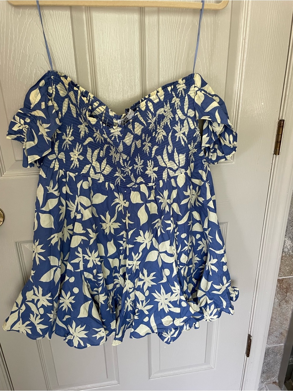 Zara Blue and White Floral Off-Shoulder Mini Dress